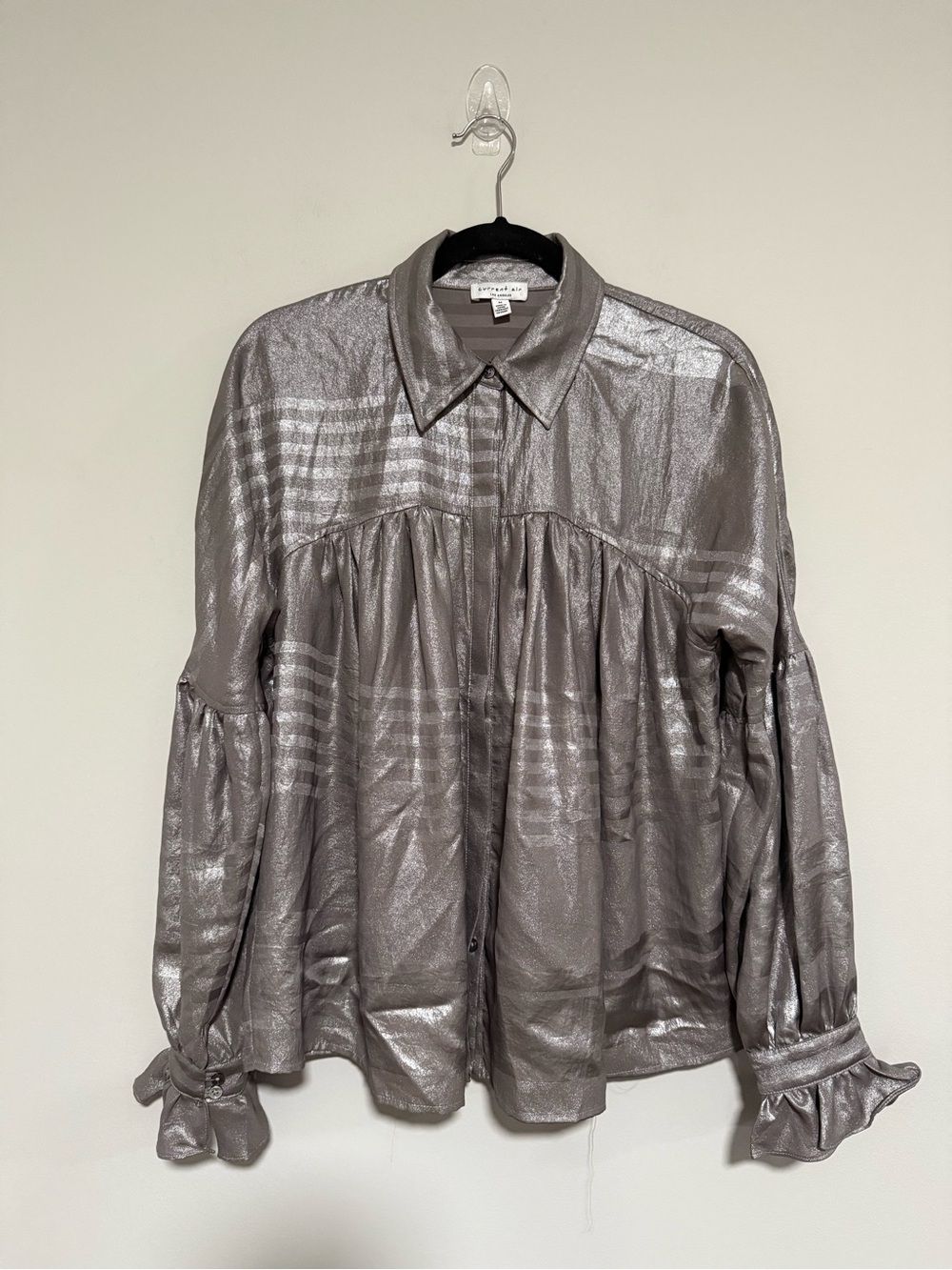 Current Air Metallic Silver Button Down Peasant Shirt Size Medium Party Event